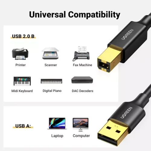Ugreen USB 2.0 Print Cable 5M / 480Mbps / USB-A - USB-B / Print, Scanner, Fax Machine, Piano / US135 - Black , 