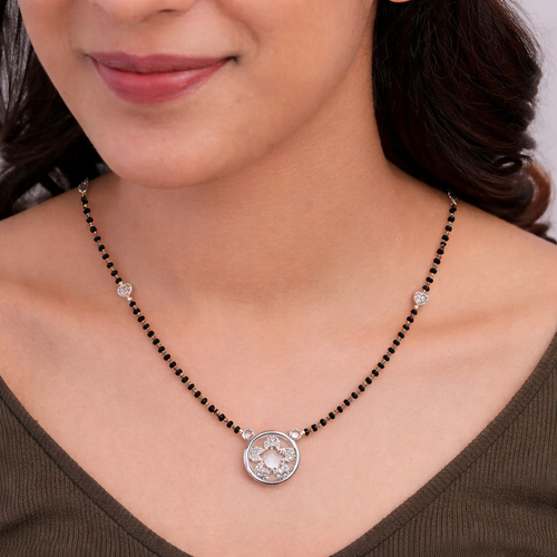 Floral cz stone  Mangalsutra in White Gold ,  hover