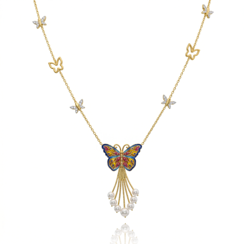 Butterfly Enamel Pearl Necklace , 