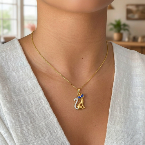 Graceful Sapphire-Eyed Cat Pendant ,  hover