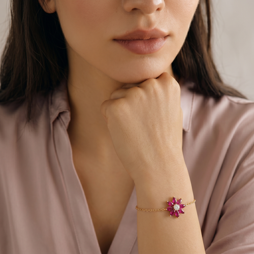 vermeil Gold Ruby Floral Chain Bracelet ,  hover