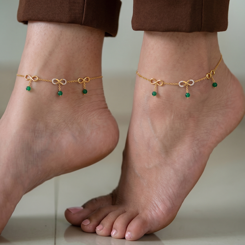 Infinity Bow Green Bead Gold Vermeil Anklet. ,  hover
