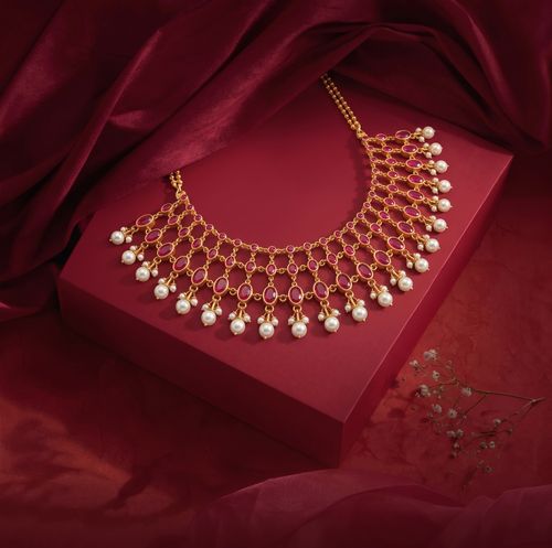 Royal Ruby & Pearl Lattice Choker Necklace , 