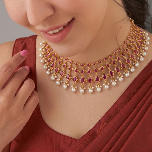 Royal Ruby & Pearl Lattice Choker Necklace ,  hover