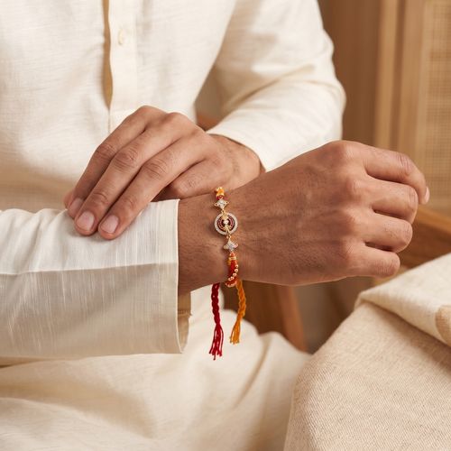 Circular Medallion Silver Gold-Plated Rakhi ,  hover