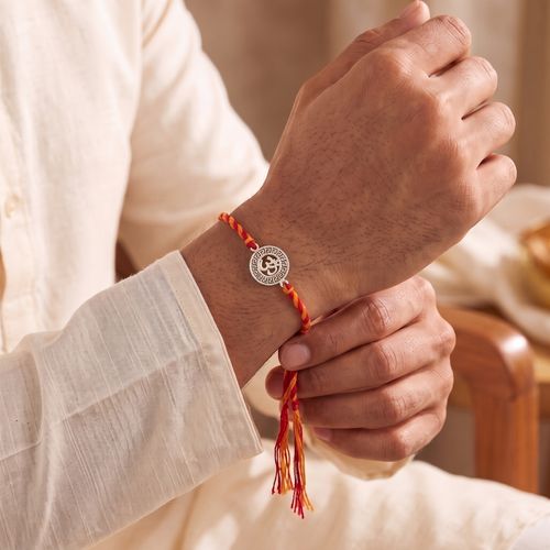 Sacred Om Greek Key Pattern Silver Rakhi ,  hover