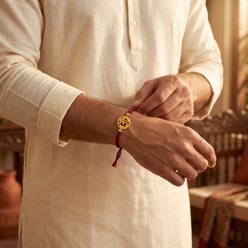 Sacred Beaded Om Sunburst Rakhi ,  hover