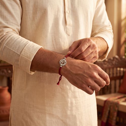 Sacred Om Sunburst Silver Rakhi ,  hover