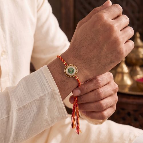 Sacred Heart Halo Green CZ Rakhi ,  hover