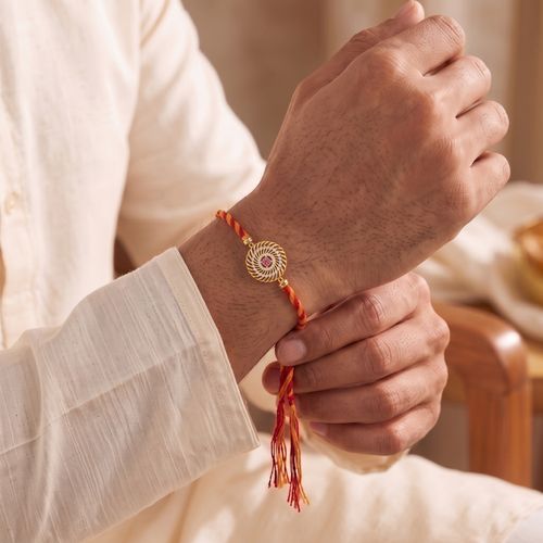 Spiral Chakra Ruby CZ Silver Gold-Plated Rakhi ,  hover
