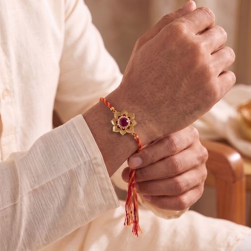 Blooming Enamel Lotus Silver Gold-Plated Rakhi ,  hover